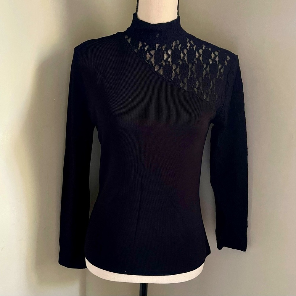 Cyrus | Black Long Sleeve Lace High Neck Blouse | Medium